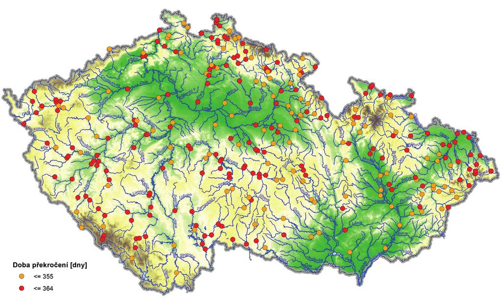 HYDROLOGICKÁ ROČENKA ČESKÉ REPUBLIKY 215 161 Obr. V.3 Přehled vodoměrných profilů, ve kterých byl v roce 215 změřen průtok 355denní a menší. Fig. V.3 Overview of gauging sites where low flows (Q Q355d) were measured in 215.
