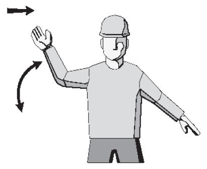 Význam: Pokyn: Pohyb MMP směrem k náležitě poučené osobě. Zatočit doprava. Levá ruka natažená do strany.