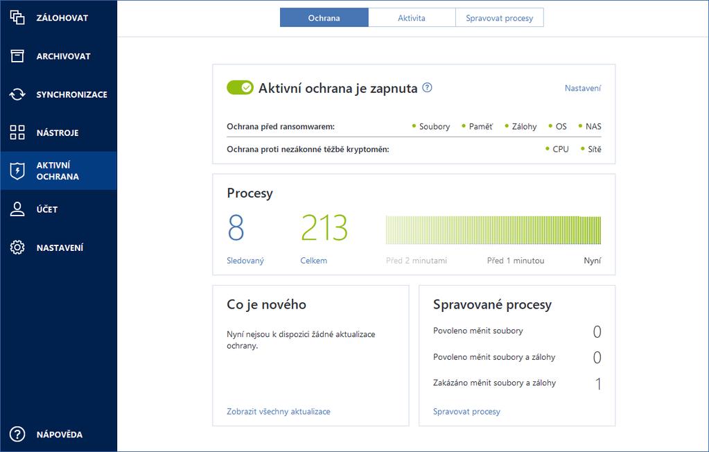 Chcete-li otevřít kontrolní panel, spusťte aplikaci Acronis True Image 2020 a pak klikněte na tlačítko Služba Active Protection na bočním panelu.