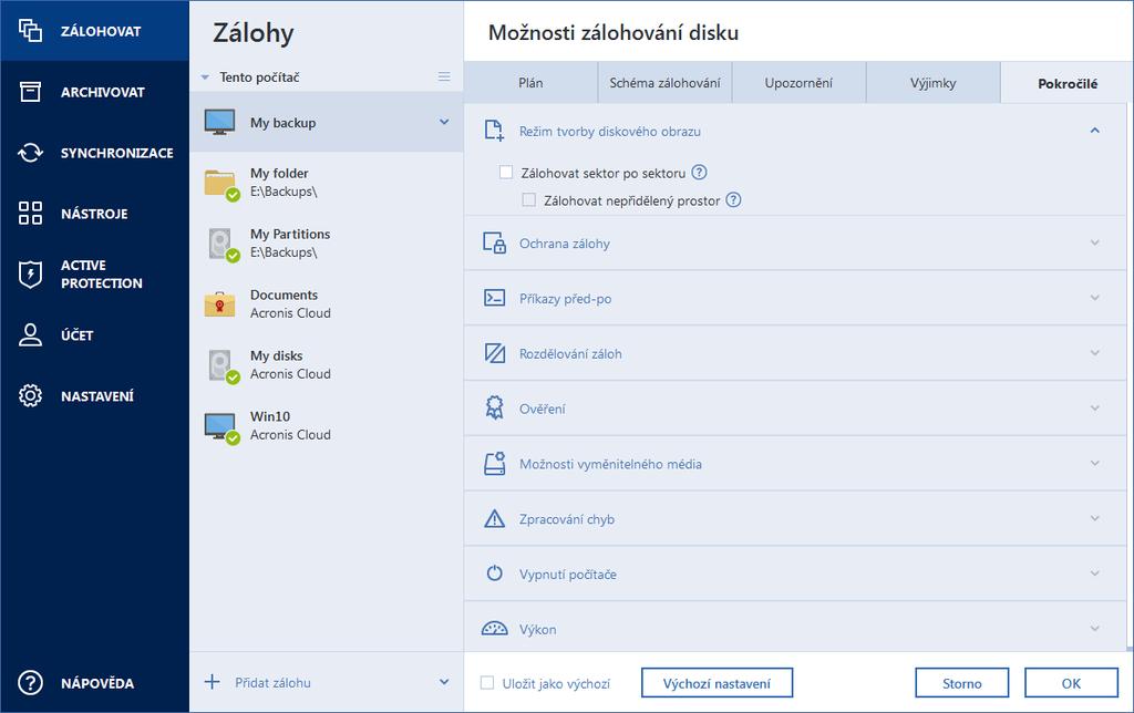 OneDrive 6. Klikněte na tlačítko Hotovo. 7. U zálohy můžete prostřednictvím panelu Vyčištění nakonfigurovat pravidla čištění. Zálohy můžete také šifrovat a chránit heslem.