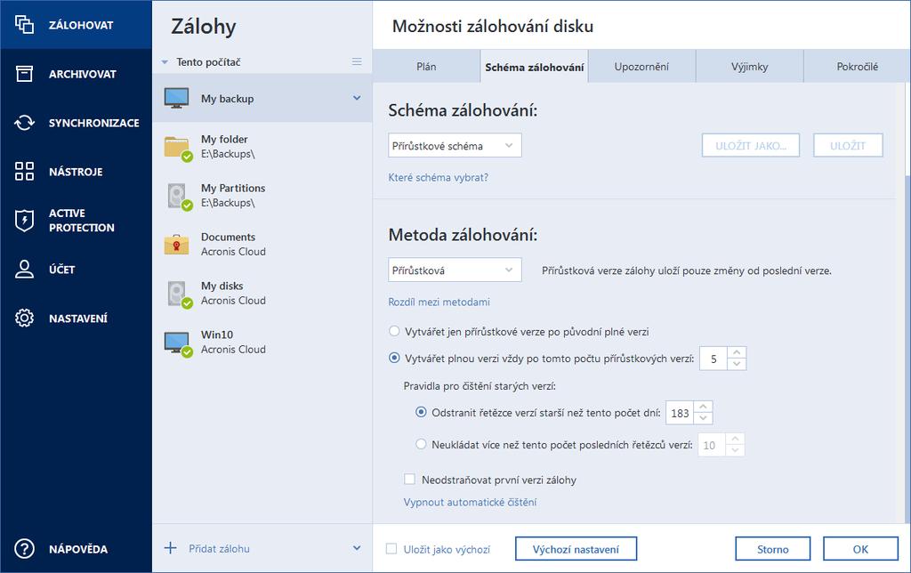 pravidla k vyčištění verzí. Aplikace Acronis True Image 2020 umožňuje vybrat z následujících schémat zálohování: Jedna verze (str. 57) toto schéma vyberte, pokud chcete využít nejmenší úložiště.