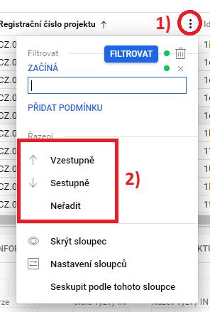 Řazení záznamů na seznamu - II Seřazení dat ve sloupcích může uživatel také zapnout tak, že najede myší na název sloupce a klikne na symbol.