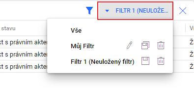 Uložení filtru Pro uložení filtru klikne uživatel na nadpis Filtr. V plovoucím menu se nastavený filtr zobrazuje jako neuložený filtr a vedle něj se nachází tlačítko pro uložení a smazání.