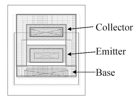 Obr. 7: Layout Tento obrázek představuje layout bipolárního tranzistoru. V praxi samozřejmě pomáhá barevné rozlišení jednotlivých oblastní, které odpovídají různým maskám.