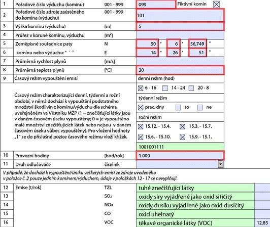 V případě, že se jedná o komín složený z několika průduchů, do nichž jsou samostatně zaústěny jednotlivé kotle, vyplní se níže uvedené položky pro každý průduch samostatně.