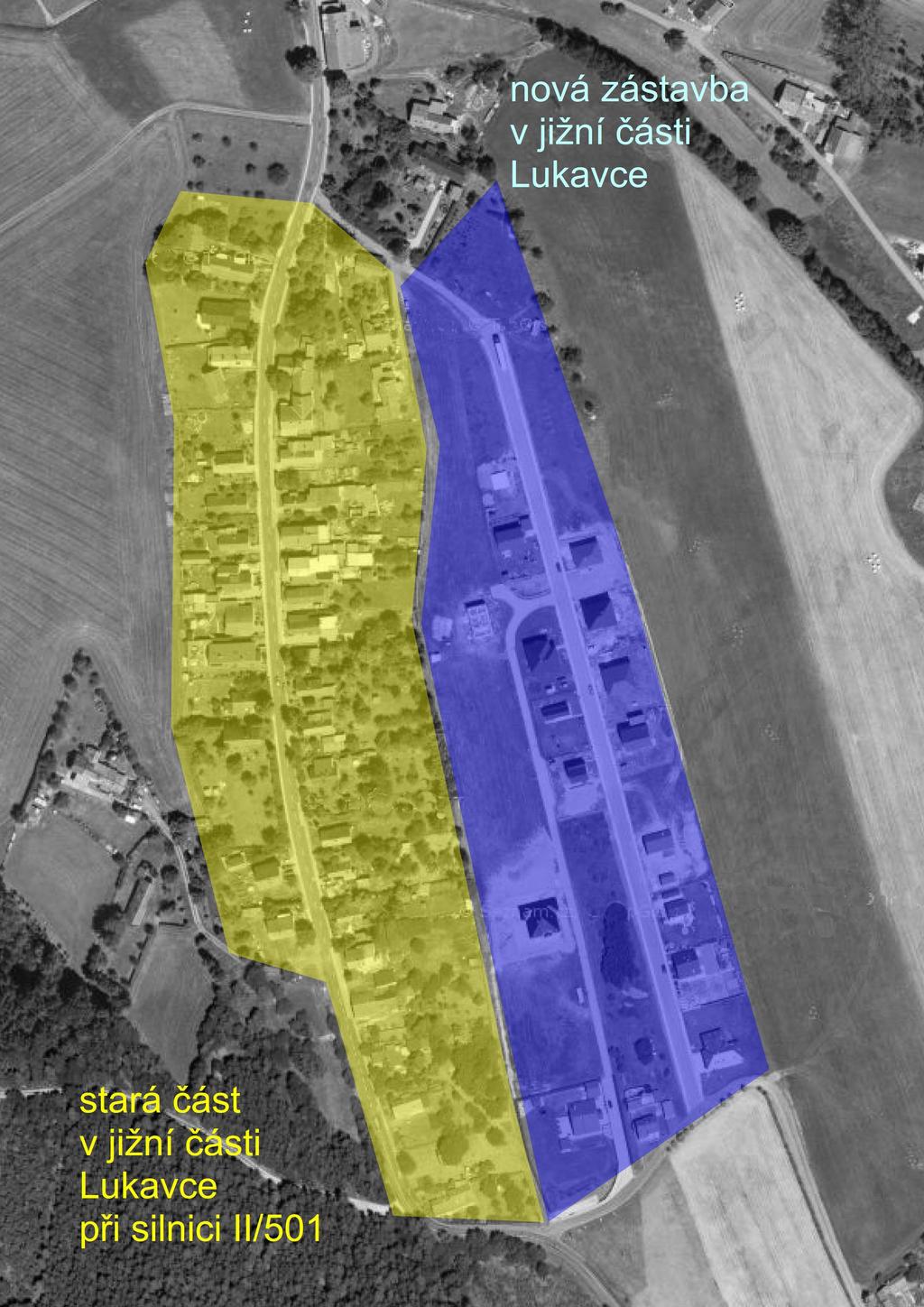 Schéma s vyznačením vybraných částí obce: Místní část Lukavec (kompaktní části obce): - jižní část se skládá ze dvou odlišných částí - stará část v jižní části při silnici II/501 (viz.