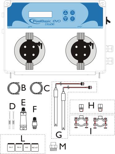 KONTROL INVIKTA Double OBSAH BALENÍ A) Regulační zařízení ph a Redox "Basic POOL Double" B) Hadice PVC Crystal 4x6 se sacím zařízením (2 m) C) Polyetylénová přívodní hadice (3 m) D) Připojovací šroub