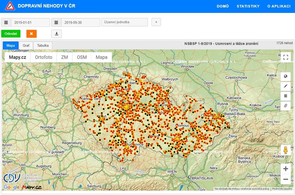 2.1.2 Nehodová místa se závažnými následky na životech a zdraví Mapové podklady jsou implementovány z aplikace DOPRAVNÍ NEHODY V ČR, předdefinovány byly příslušné filtry tak, aby bylo na první pohled