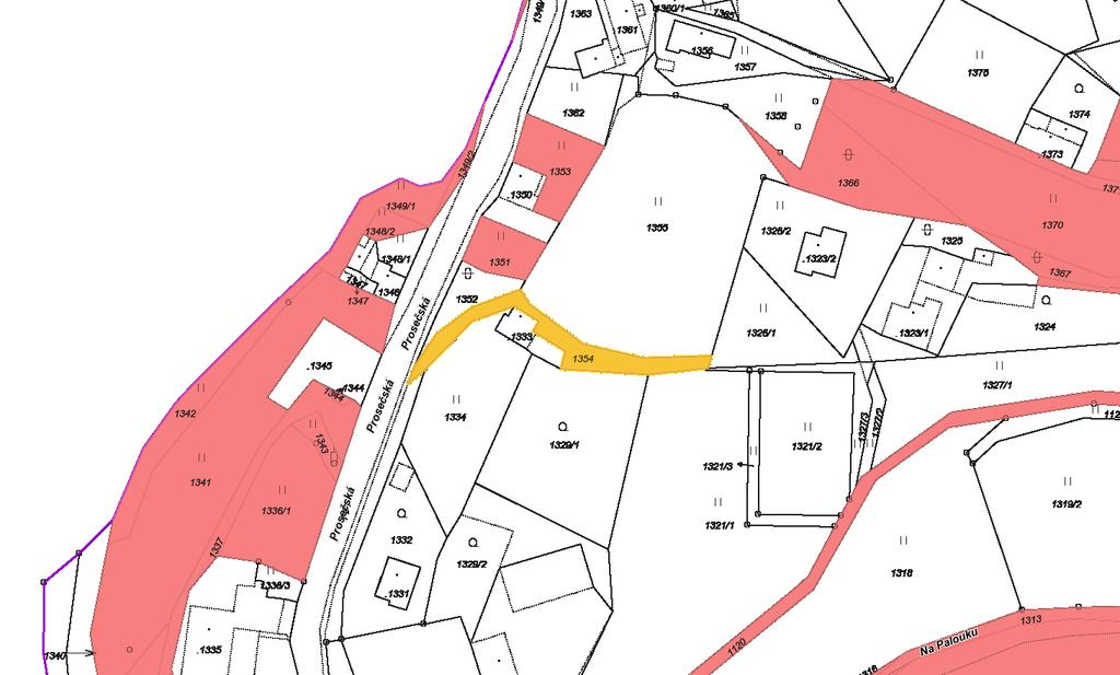 B) 1. nesouhlas s prodejem části p.p.č. 1354 o výměře cca 200 m 2 v k.ú. Proseč nad Nisou za účelem příjezdu k p.p.č. 1329/1 O prodej požádal pan P. W., r. 1974, Liberec, který je vlastníkem p.p.č. 1329/1 v k.