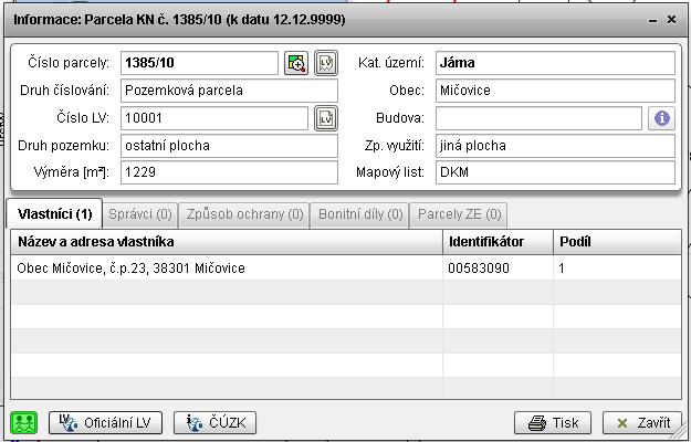 Tisk informace o parcele Po doplnění informace o oprávněném subjektu, je možno vytisknout kompletní informaci o parcele.