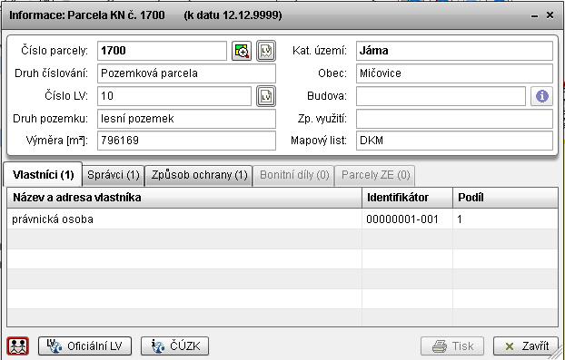 Okno Informace o parcele / budově V okně Informace o parcele /budově se zobrazí hodnoty atributů dat KN k datu aktualizace v GIS AMEServer (datum se vypisuje v záhlaví okna Informace v závorce a na