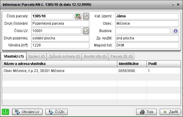 Online informace z ČÚZK Aktuální údaje o parcele a