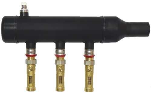 Při objednávce 2-6 okruhů je ø páteřního připojení 50mm; pro 7-12 okruhů je ø páteřního připojení 63mm Obsahuje 2x poloautomatické odvzdušnění Sestavy je