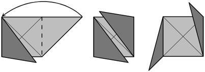 Pravý dolní roh skládačky přelož podle naznačeného přehybu a zasuň ho pod nadzvednutou část (pod část, která je na obrázku zvýrazněná černobílou