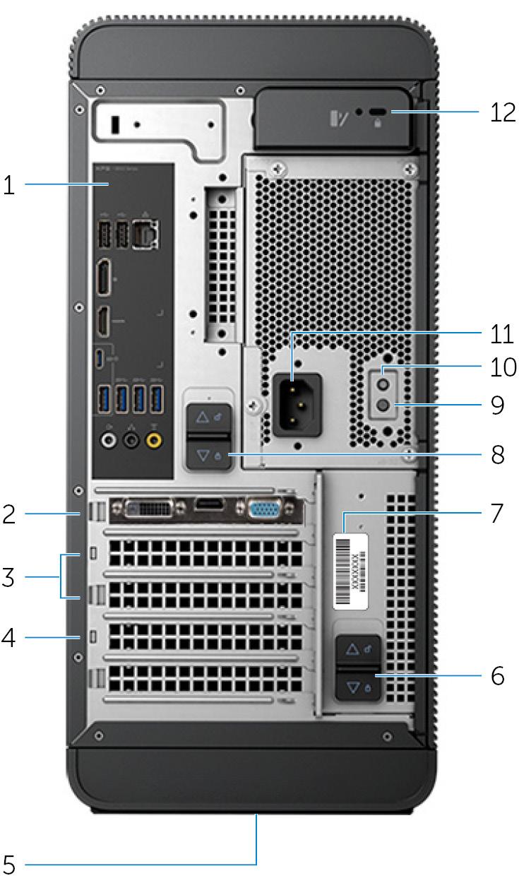 Vzadu 1. Zadní panel Slouží k připojení zařízení USB, video a zvukových zařízení a dalších zařízení. 2.