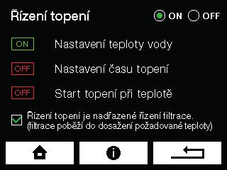 Řízení topení Měření teploty vody a řízení ohřevu K měření teploty vody je používán elektronický teploměr s vysokou přesností. Ten by měl být nainstalován ve vtokovém potrubí z bazénu.