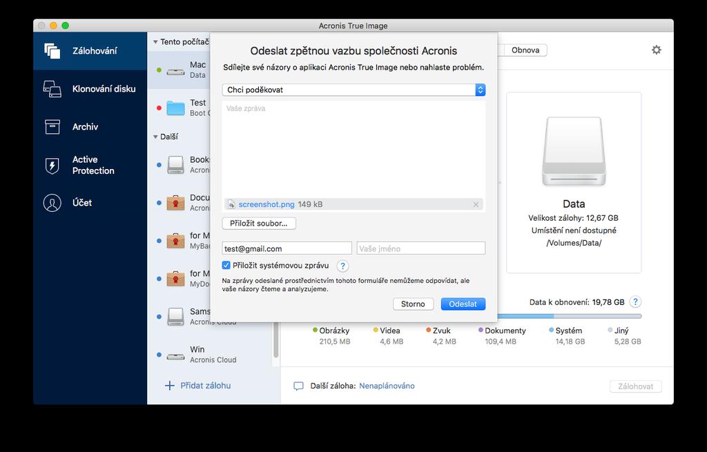 1.8 Odeslání zpětné vazby společnosti Acronis Své produkty a služby často vylepšujeme dalšími funkcemi, větší spolehlivostí a rychlostí.