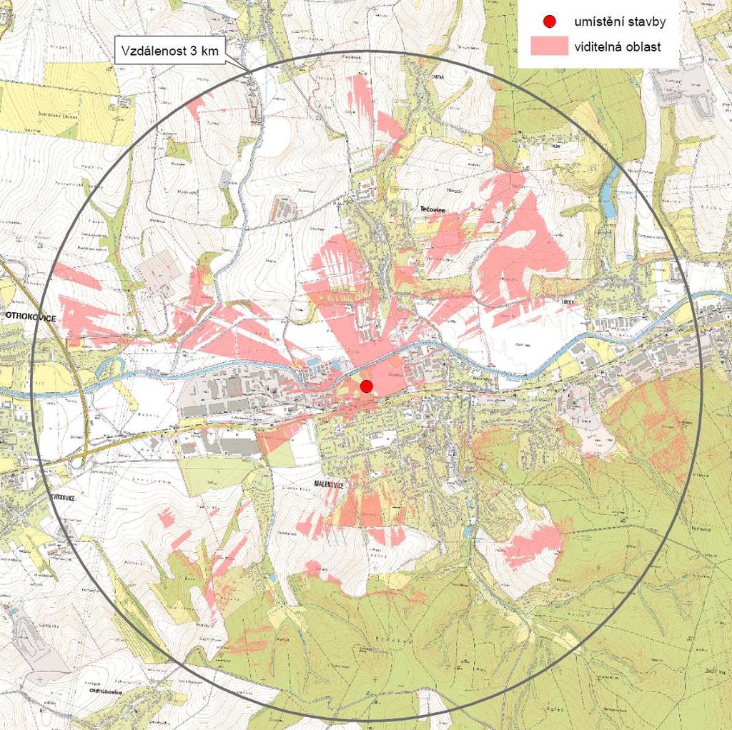 Obrázek 11: Analýza viditelnosti záměru v širším území (okruhu 3 km) Zdroj: Podklady pro zjišťovací řízení (Arvita P spol. s r.o., 06/2019) Památné stromy Zákon č. 114/1992 Sb.