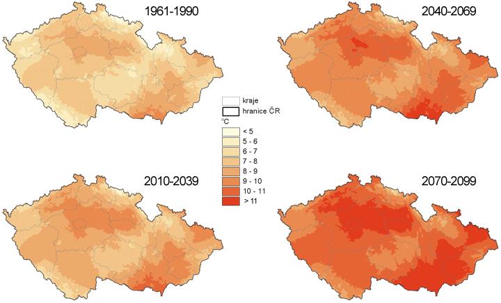 Obrázek 3 Dlouhodobé průměry ročních teplot vzduchu ( C) v referenčním a ve scénářových obdobích Zdroj: Pretel, 2011 V posledních dvou desetiletích do roku 2010 došlo na území ČR ke zvýšení