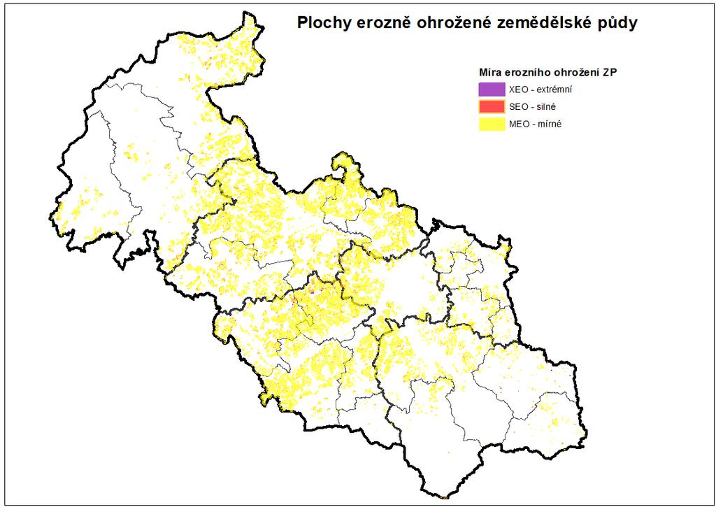 Obrázek 17 Plochy erozně ohrožené zemědělské půdy Zdroj: Vlastní výpočet Pozn.