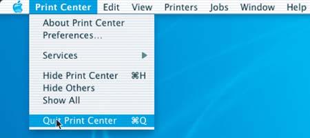 Bezdrátová sít Mintosh j Klepněte n Print Center (Tiskové entrum) potom vyerte položku Quit Print Center (Ukončit tiskové entrum).