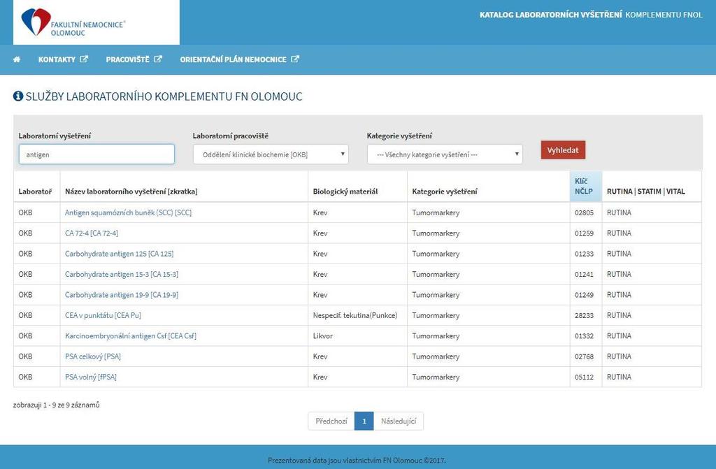 KATALOG LABORATORNÍCH VYŠETŘENÍ FNOL 3 funkčně nezávislé datově propojené systémy Administrace systému