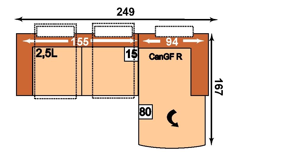 2,5-sedák, příčné lůžko, bez područek; nelze objednat funkci ; PER RR= Trapezový roh pravý, 2 relax funkce, nelze objednat funkci ; 2,5R KSR = 2,5-sedák,