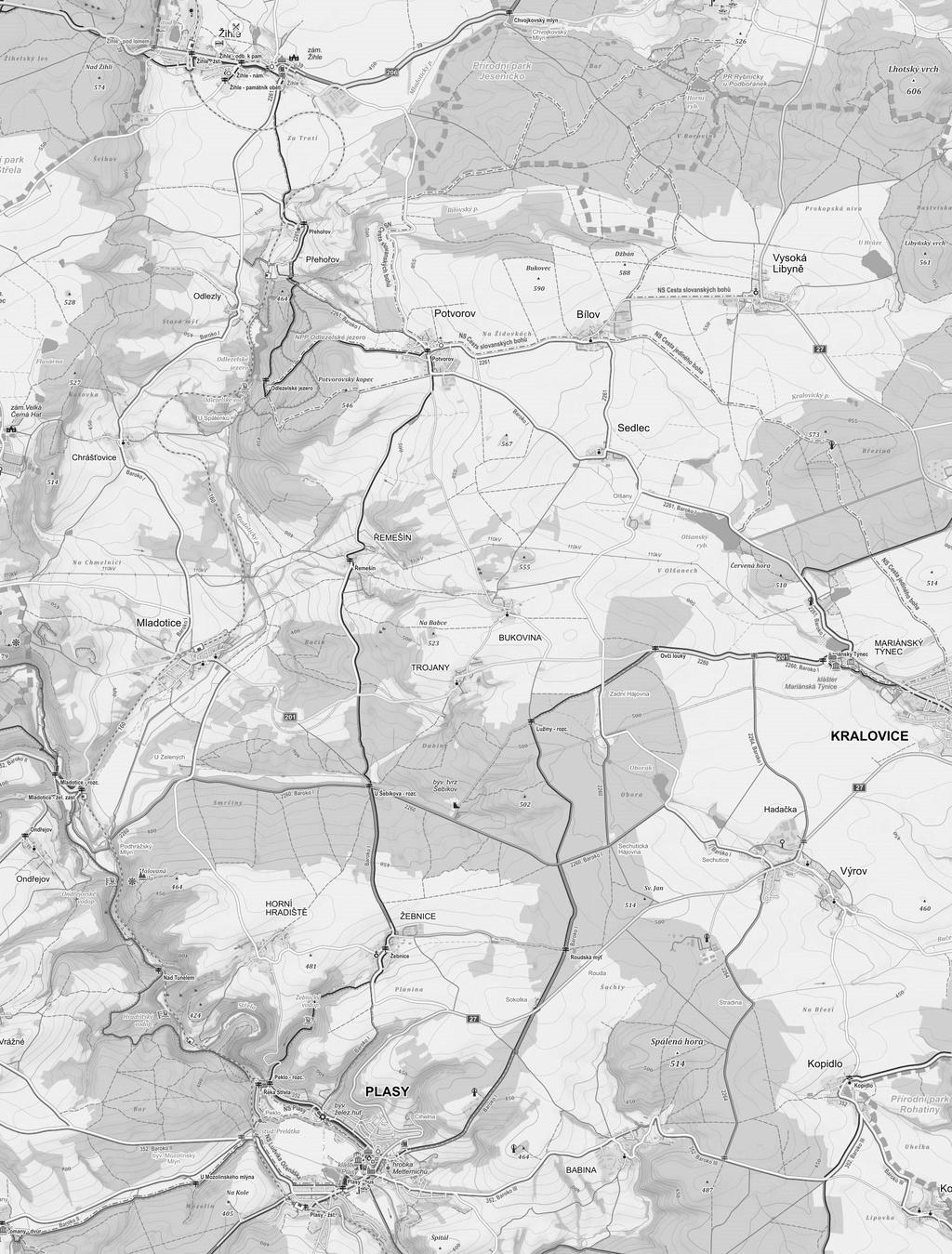 BAROKO I - Severní Plassko - mapa předpokládaného vedení trasy s LEGENDA K MAPĚ: NAVRŽENÁ IDEÁLNÍ TRASA VYZNAČENÁ V TERÉNU BAROKNÍ PAMÁTKY