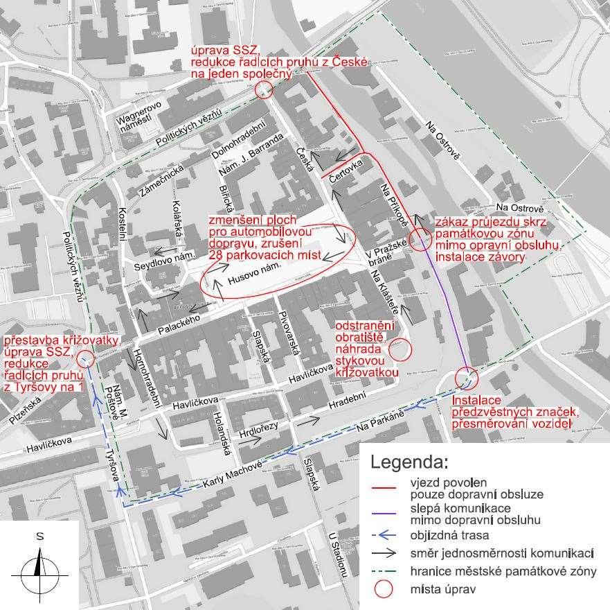 Doprava v městské památkové zóně Automobilová doprava Realizace zmíněných úprav veřejných prostranství a křižovatek Parkování na Husově nám.