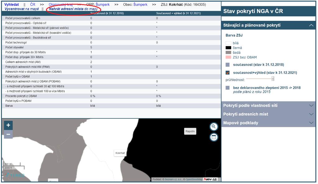 4.3 Pokrytí adresních míst Aplikace umožňuje prohlížet deklarované pokrytí k 31.12.2018 až do úrovně adresních míst, pouze však pro všechny bílé ZSJ (současnost + výhled).