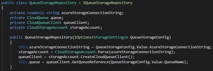 Obrázek 31:Queue Storage - Nezbytné proměnné pro práci se službou v aplikaci Zdroj: Zdrojový kód aplikace QueueStorageRepository.