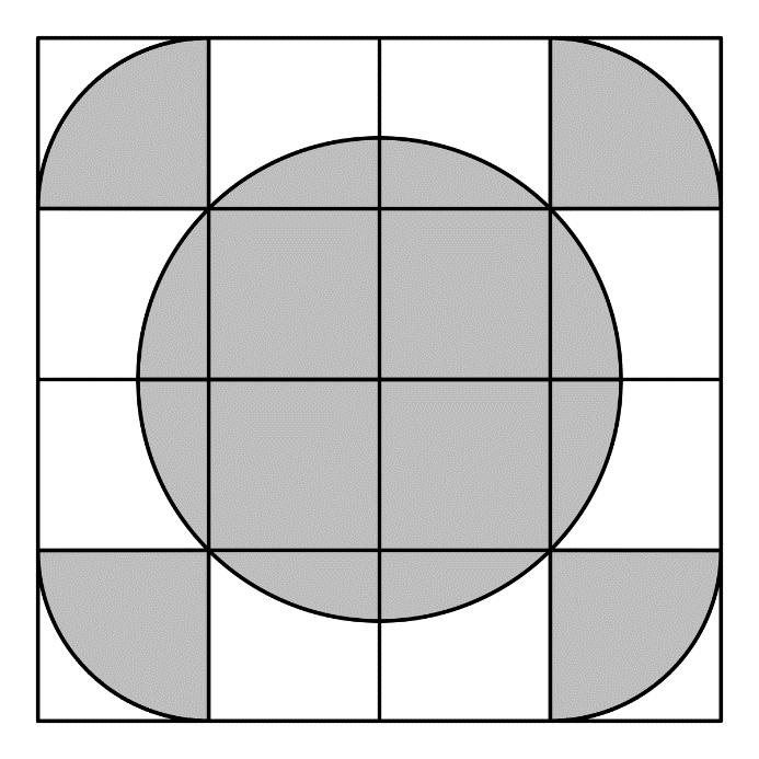 13. V zobrazené čtvercové síti je délka strany jednoho čtverečku 1 dm. Jaký obsah má vybarvená část? (A) 2ππ 2 dm 2 (B) 2 2ππ dm 2 (C) 2 + 1 ππ dm 2 (D) 3ππ dm 2 (E) 3 ππ dm2 2 14.