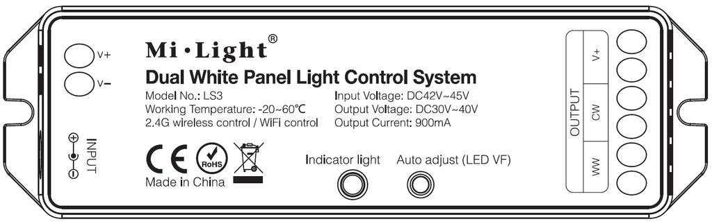 Zapojení tří jednobarevných LED svítidel (panelů) Adjustace regulátoru LS3: Po zapojení celého systému a připojení napájecího napětí je třeba zmáčknout tlačítko AUTO ADJUST na horní straně regulátoru