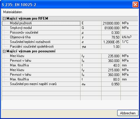 2 Vstupní data rozbalovací nabídku můžeme materiály měnit. Pokud bychom z RFEMu importovali nepřípustný materiál, objeví se při otevření modulu chybové hlášení.