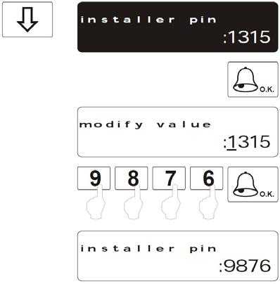 Tato funkce umožňuje změnu PIN kódu pro vstup do instalačního programovacího režimu (odstavec 6.1).