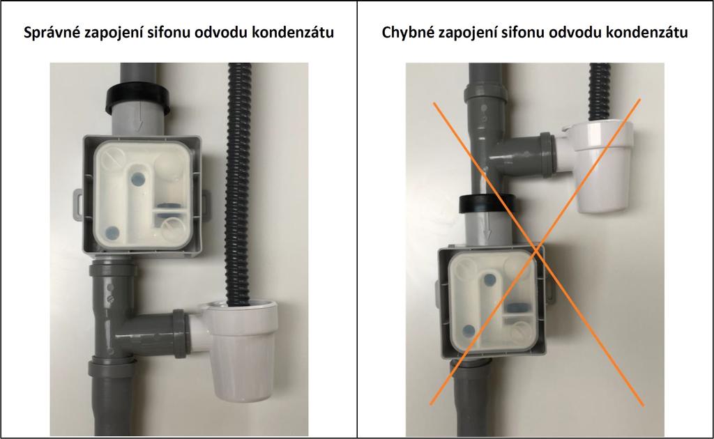 Obr. 4: Správné a chybné zapojení odvodu kondenzátu Jakákol i v neodborná mani pul ace se zapoj ením, která by mohl a vést k poškození rekuperačního nebo chl adícího zařízení, má za násl edek záni k
