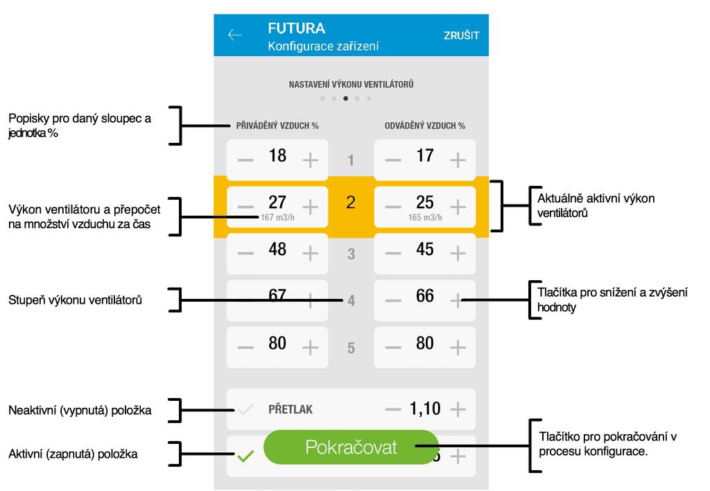 Nastavení výkonu ventilátorů (někdy se používá termín "balancování") pro jednotlivé úrovně výkonu a nastavení koeficientu výkonu ventilátorů pro funkci Přetlak a Protiradonová ochrana.