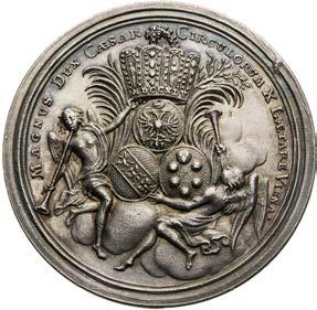 Coronation of roman emperor in Frankfurt am Main. Nice patina. Silbermedaille 1745.