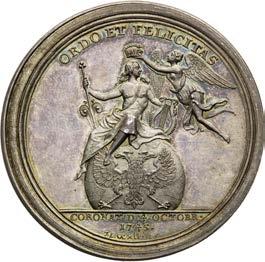 Coronation of roman emperor in Frankfurt am Main. Edge nick. Nice patina. Rare! Silbermedaille 1745.