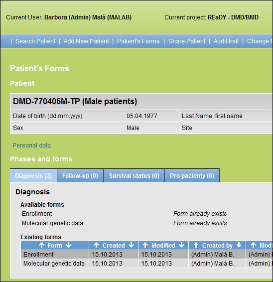 5. PRACOVNÍ OKNO Pracovní okno se skládá ze dvou vzájemně provázaných částí: a) oddíl Patient (Pacient) b) oddíl Phases and forms (Fáze a formuláře) V oddílu Patient jsou uvedeny základní údaje o