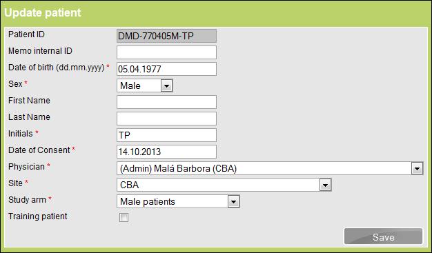 V této části také lze editovat (upravovat) všechny osobní údaje o pacientovi (vyjma ID pacienta, které může upravit pouze pracovník zákaznické podpory HelpDesk IBA s.r.o) po kliknutí na tlačítko Personal data.