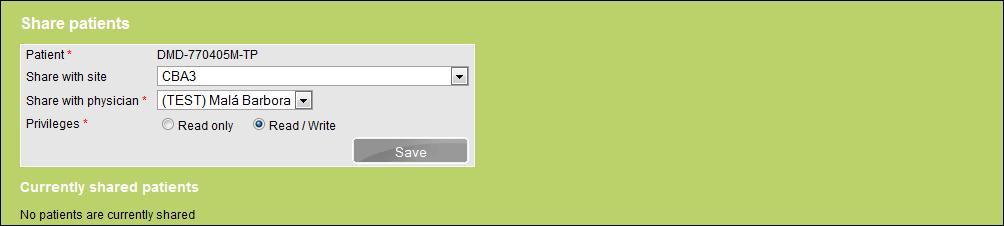 9. SDÍLENÍ PACIENTA Lékaři v rámci jednoho centra sdílejí pacienty automaticky, tedy není nutné využívat jakékoliv nástroje k zobrazení/editování pacientů, které založil jiný lékař ze stejného centra.