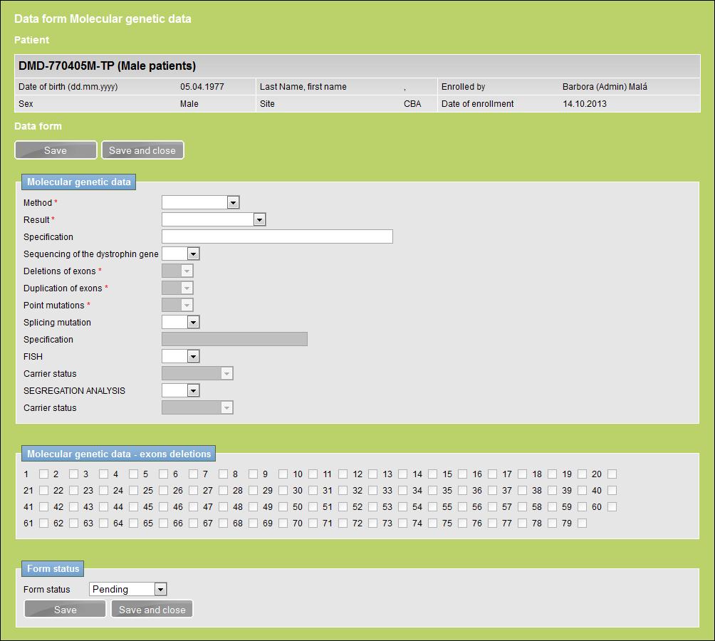 11. FORMULÁŘ MOLECULAR GENETIC DATA V ČÁSTI READY DMD/BMD Slouží k zápisu výsledků genetického vyšetření. Lékař nejdříve vybere metodu, kterou bylo vyšetření provedeno.