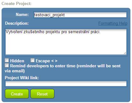 Poté se nám otevře nové okno, ve kterém si specifikujeme informace o daném projektu. Zde si projekt pojmenujeme a vypíšeme jeho stručný popis.