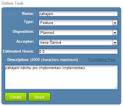 Obrázek 15 - Vytvoření úkolu User story se většinou skládají z více úkolů, ty pak xplanner