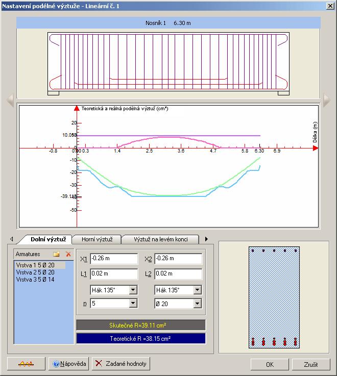Pokud je aktivována možnost Výpočet nosníku, kliknutím na Upravit je možné otevřít dialogové okno, které obsahuje kompletní popis reálné výztuže: podélných a příčných výztužných prutů.