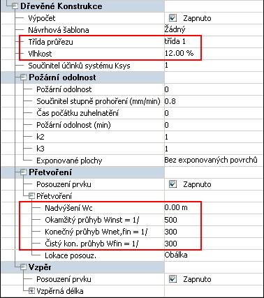 V seznamu vlastností dřevěného prvku jsou zahrnuty parametry jako