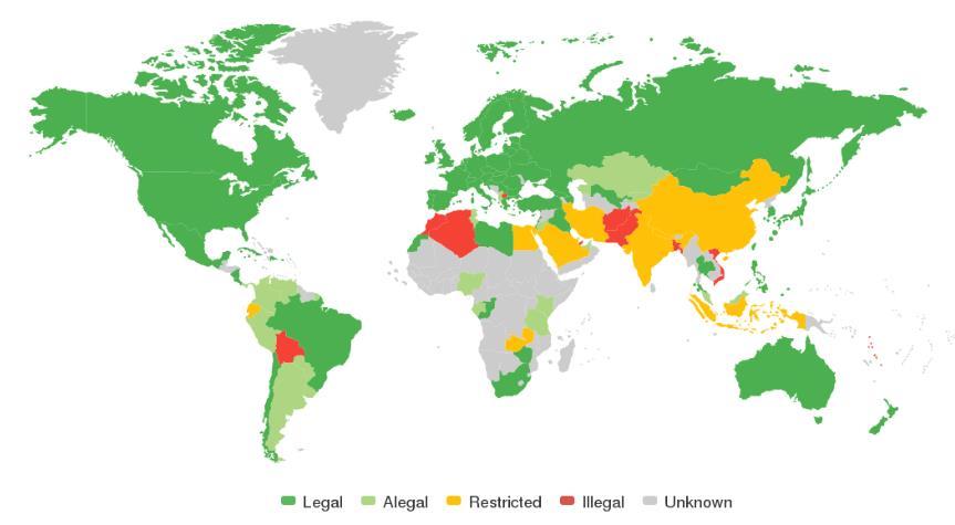 Obrázek 2 - Legalita technologie Bitcoinu na světě (Zdroj: www.coin.dance.com, 2019) Bitcoin není regulován ve 112 z 251 zemí světa.
