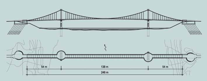 STAVEBNÍ KONSTRUKCE STRUCTURES Obr. 1 Situování lávek Fig. 1 Location of the footbridges Obr. 2 Lávka Fort Edmonton Fig. 2 Fort Edmonton Footbridge Obr. 3 a) Podélný řez, b) půdorys Fig.