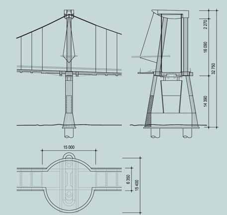 6 Intermediate support 3a 4a 3b 4b 4c 5a 5b 6 5c LÁVKA FORT EDMONTON Konstrukční řešení Lávku tvoří visutá konstrukce o třech polích délek 54 + 138 + 54 m se dvěma pilíři situovanými v řece (obr.